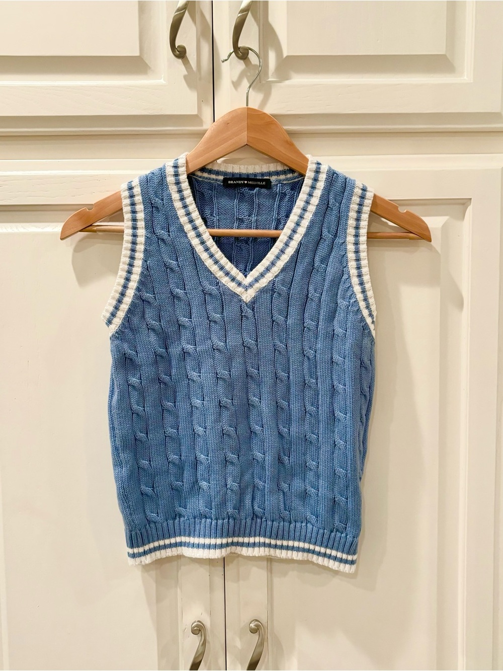 Brandy Melville Varsity Cable Knit Sweater Vest Blue and White